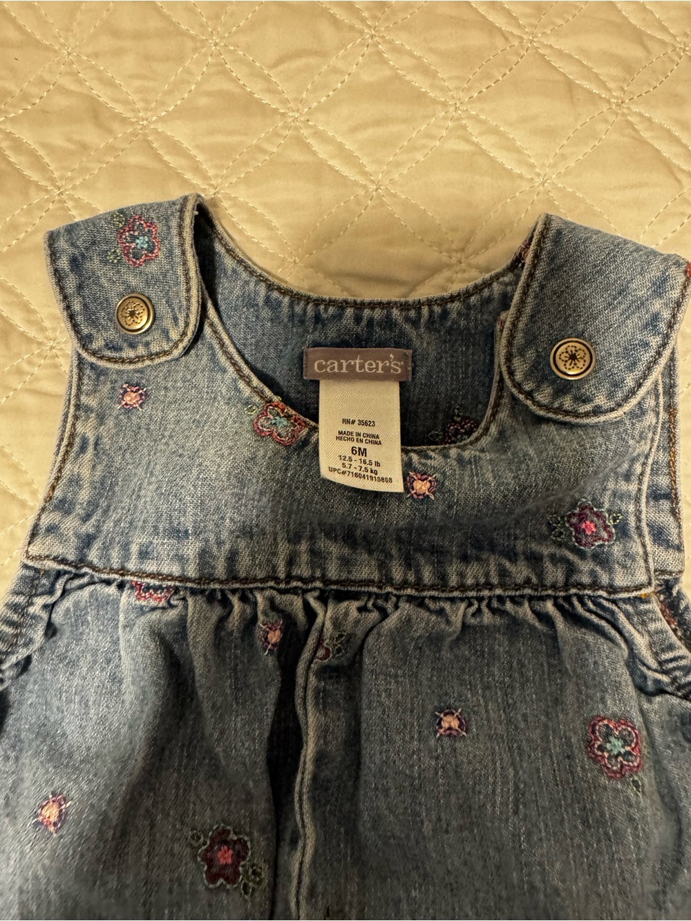 Vintage Carter's Denim Baby Girl Overalls Dress - Blue with Embroidered Flowers